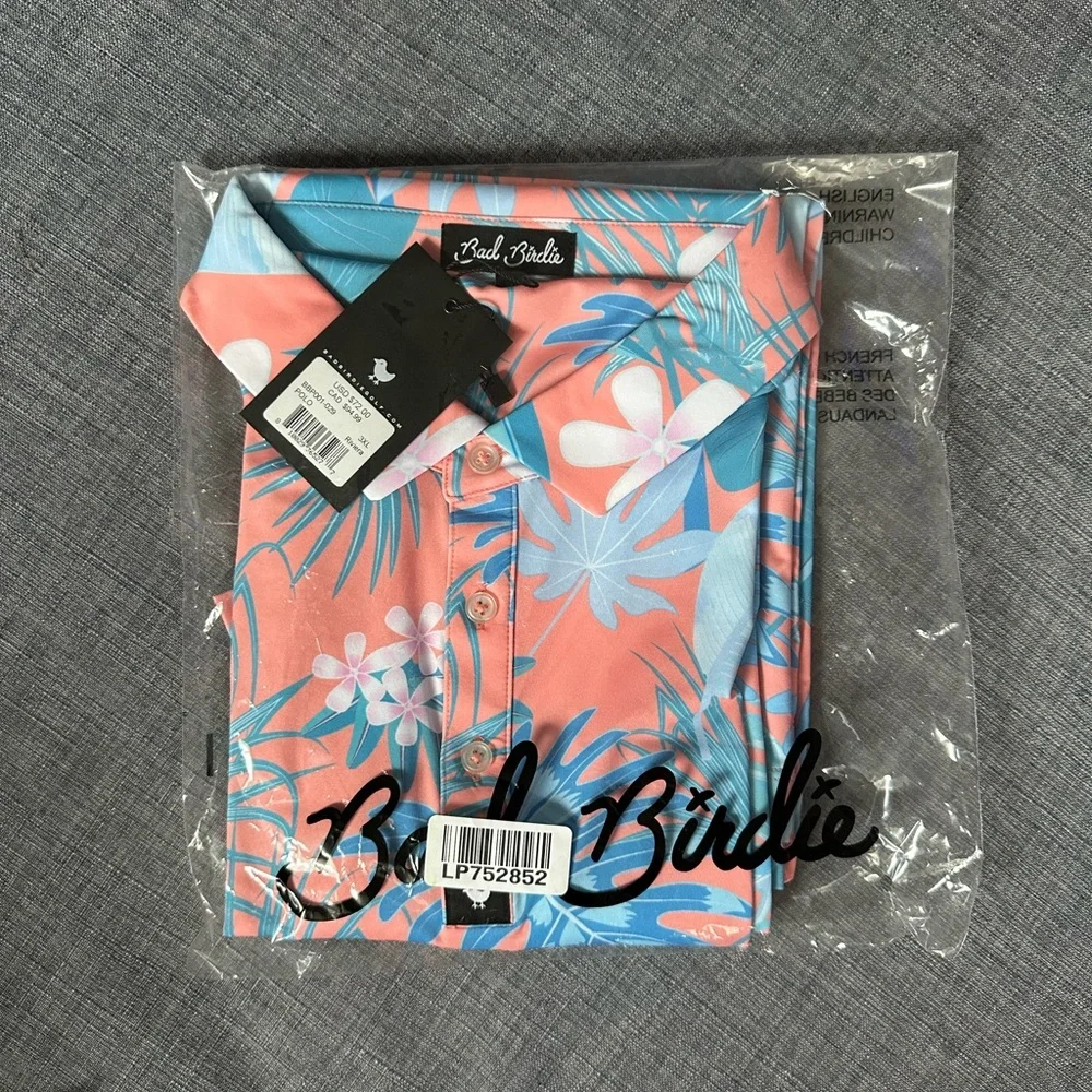 Bad Birdie Blue and Coral Polo Shirt with ‘Riviera’ Tropical Print - Picture 3 of 3